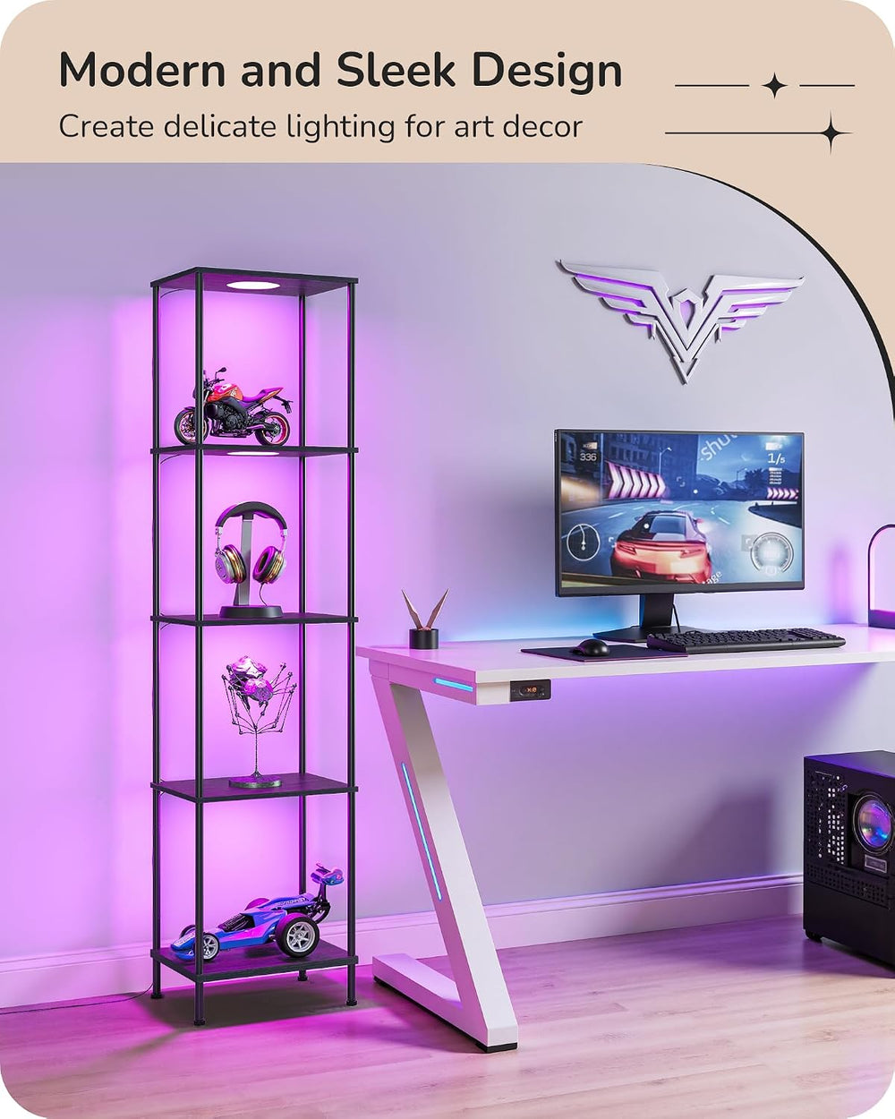 EDISHINE RGBW Floor Lamp with 5-Tier Display Shelf, 3 Modes Remote, Black