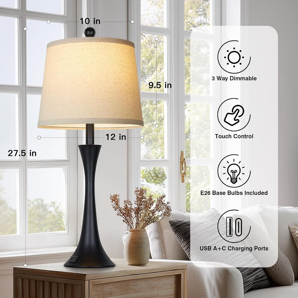 Rinweey 27.5" Table Lamps Set of 2, Touch Bedside Lamps with USB C+A Por...