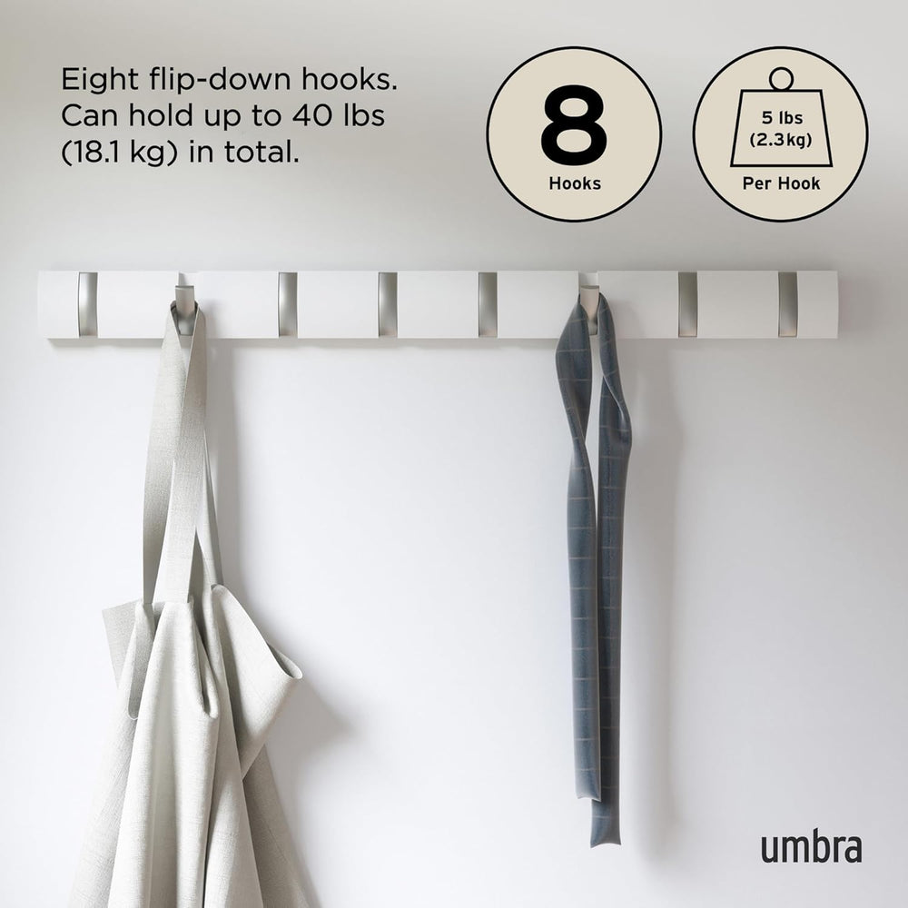 Umbra Flip Coat Rack, Wall Mount 8-Hook, Space Saving, White