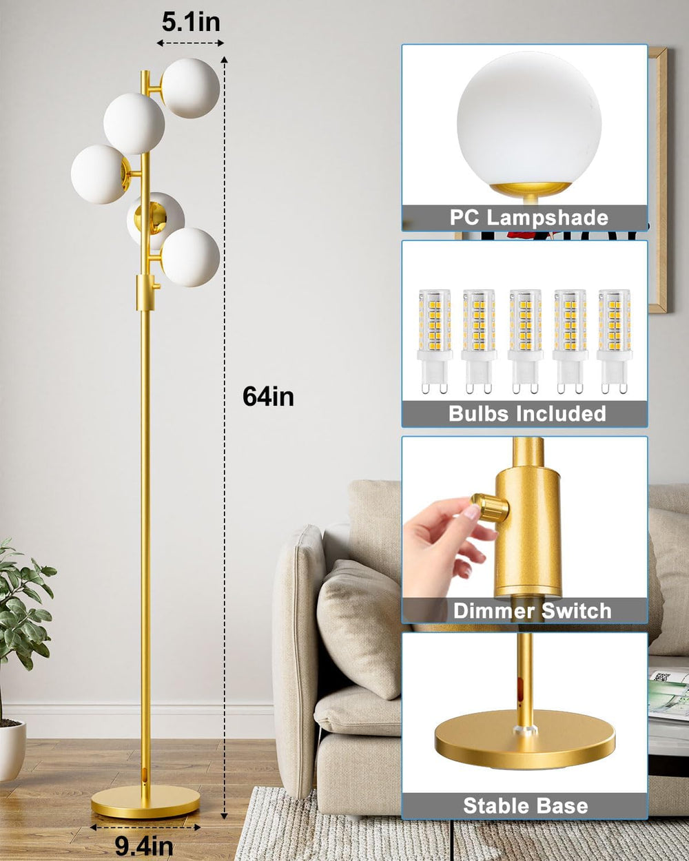 Lightdot Dimmable Globe Floor Lamp, Gold Standing Lamps with 5PCS 3000K Bulbs...