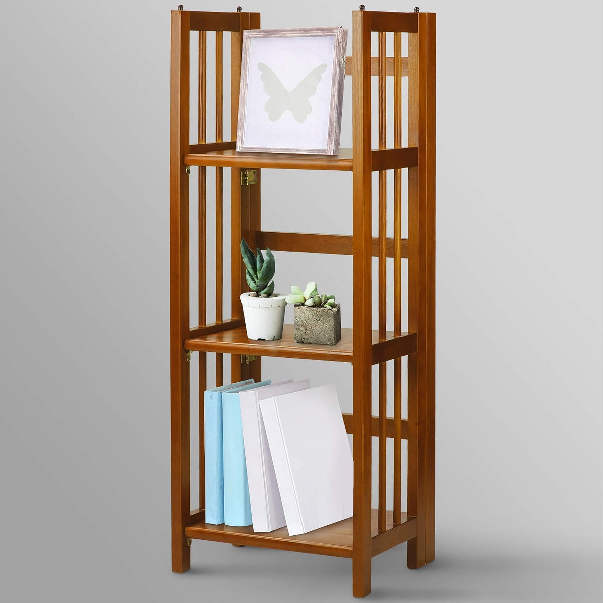 3-shelf folding bookcase 14" wide-honey oak, side view