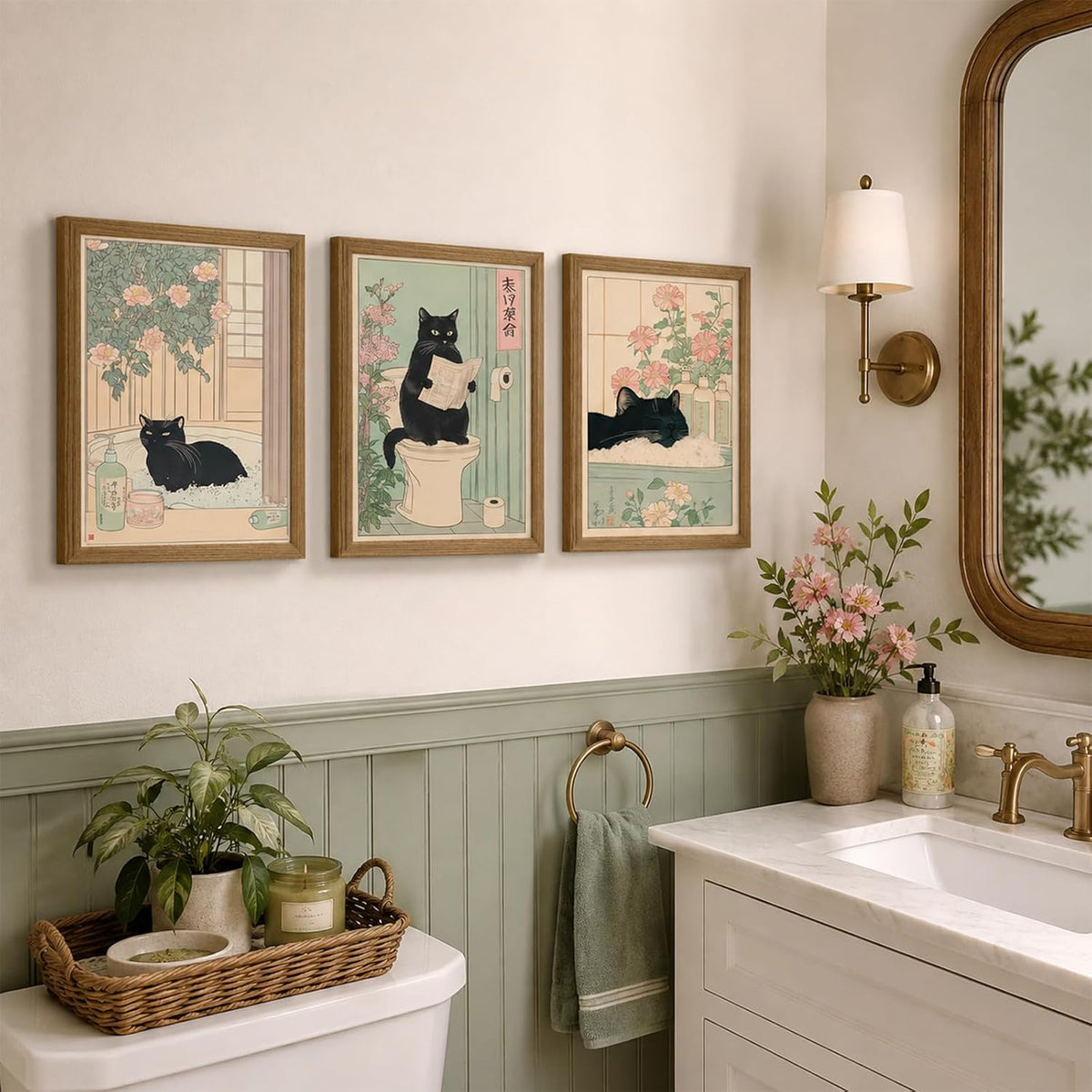 KISSFOX Framed Japanese Bathroom Wall Art Funny Cat Spa Pictures Wall Decor