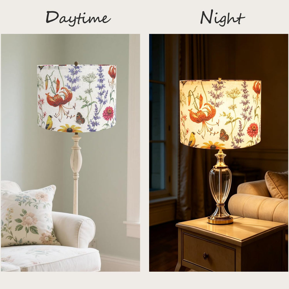 Drum Lampshades, Print Floral Linen Lamp Shade with White Frame