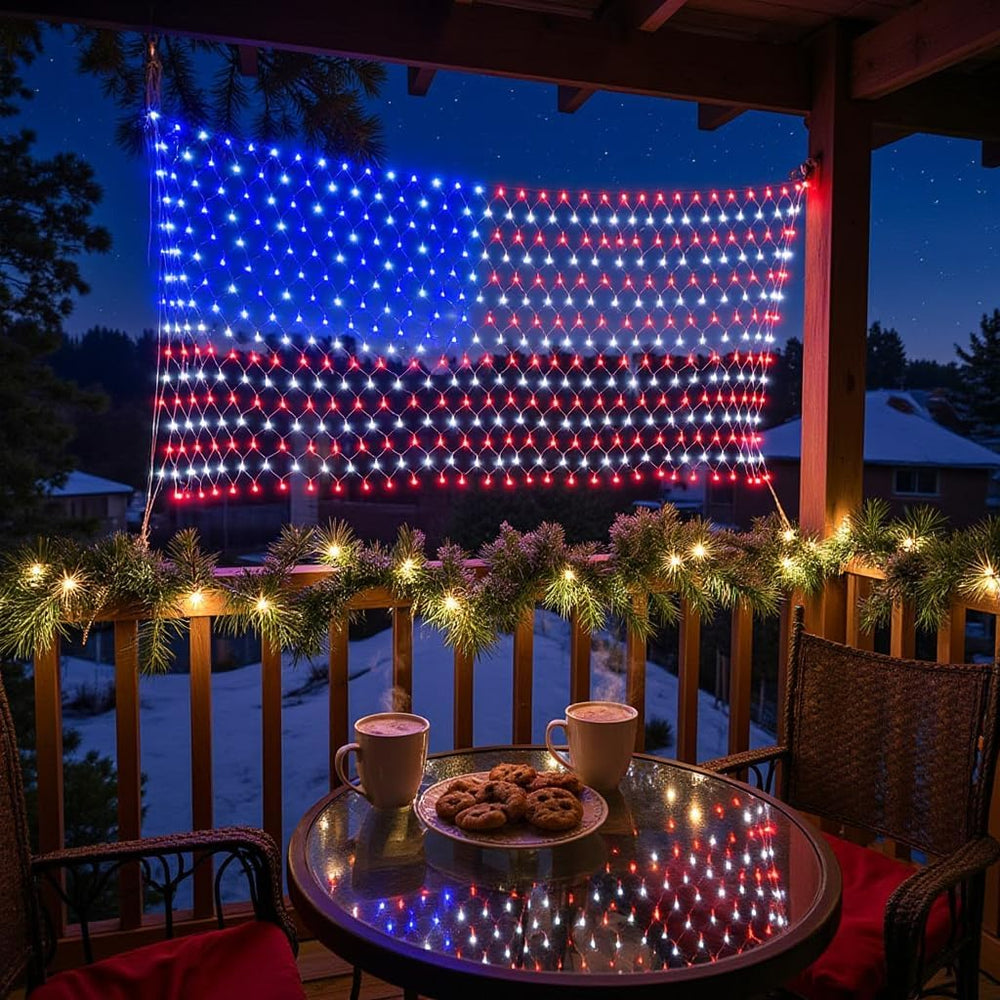 American Flag Lights Outdoor - 420 Super Bright Red White and Blue Lights, Wa...