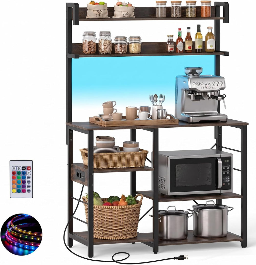 GIANTEX Bakers Rack with Power Outlet and LED Lights, 7-Tier Microwave Stand ...