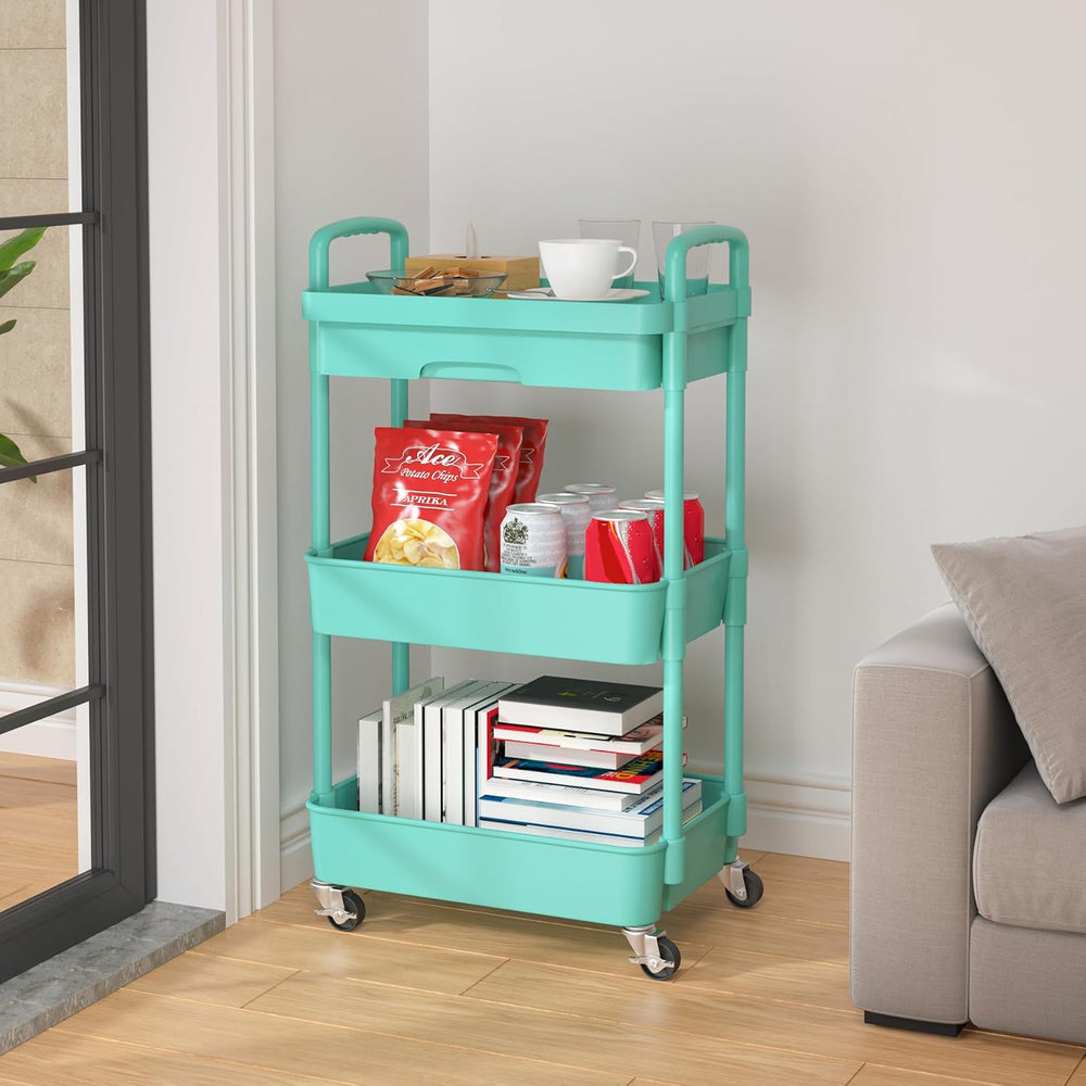 Calmootey 3-Tier Utility Cart with Drawer & Wheels, Storage for Home,Office