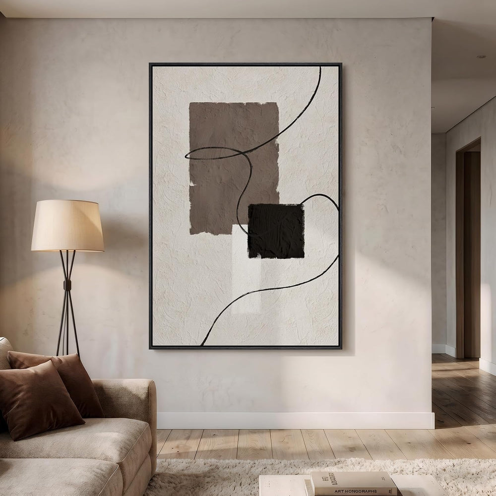 Extra Large Framed Neutral Beige Brown Abstract Wall Art, Vertical 40x60 In