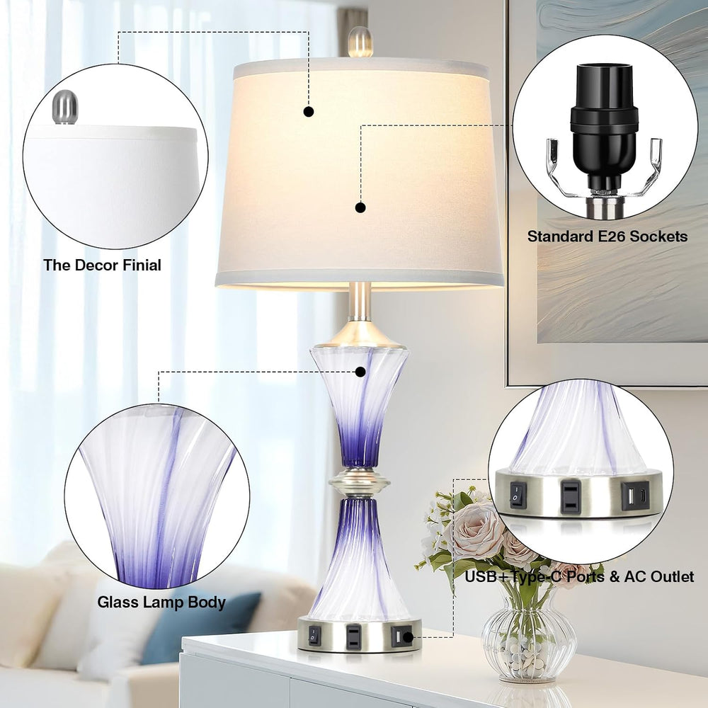 Rinweey Purple Glass Table Lamp Set of 2 with USB C+A Ports & AC Outlet, ...
