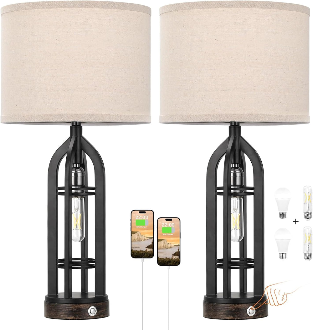 Seealle Table Lamps for Living Room, 3 Way Dimmable Farmhouse Lamp Set of 2