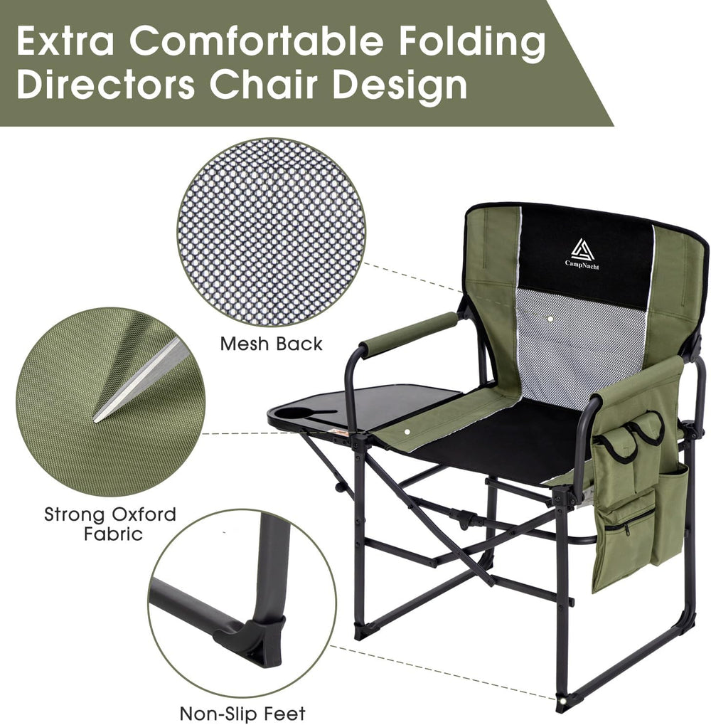 Folding Director Chair with Table, Camping Chair for Adults, Green-1Pack