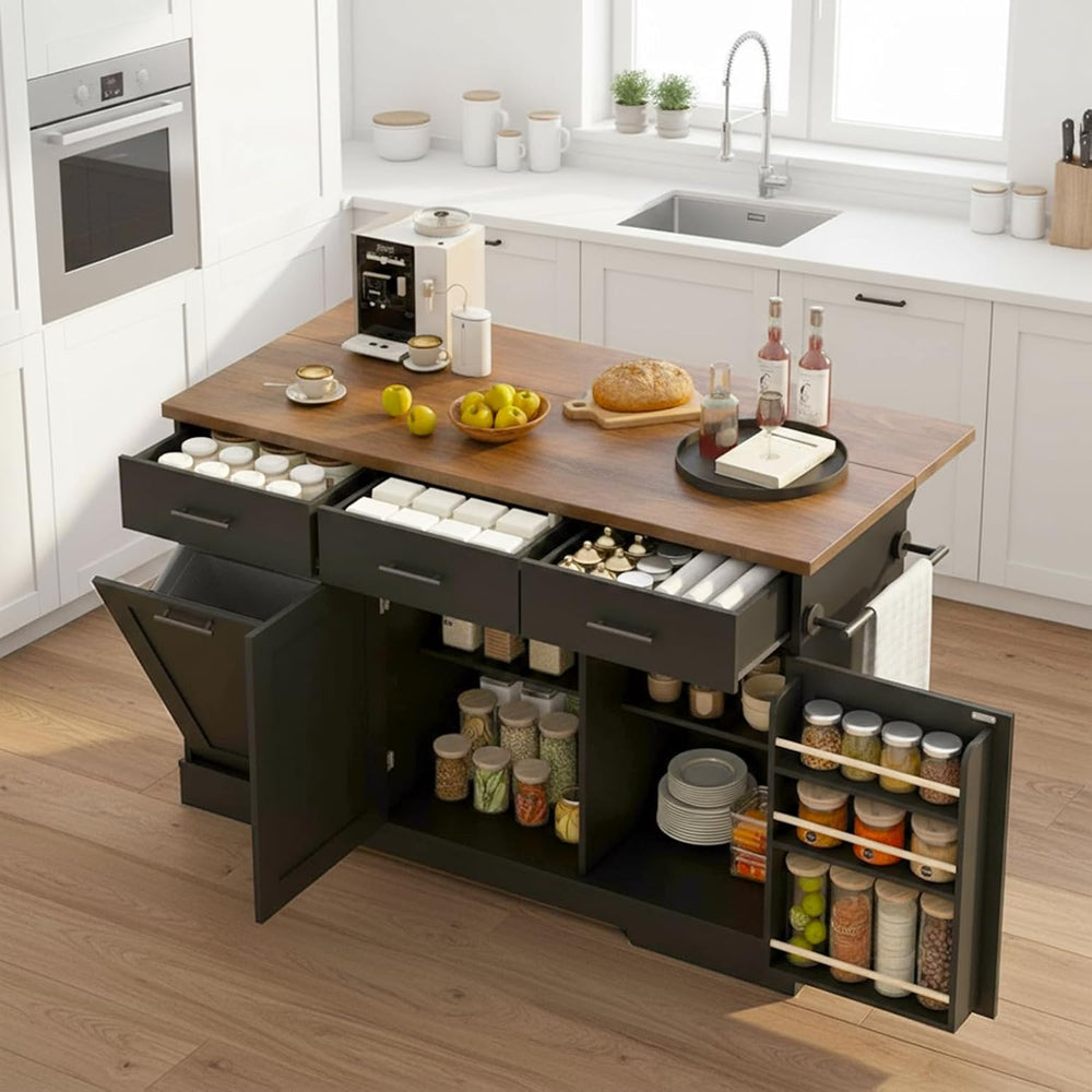 Kikihouse 55" Kitchen Island Table with Power Outlet & Drop Leaf, Black