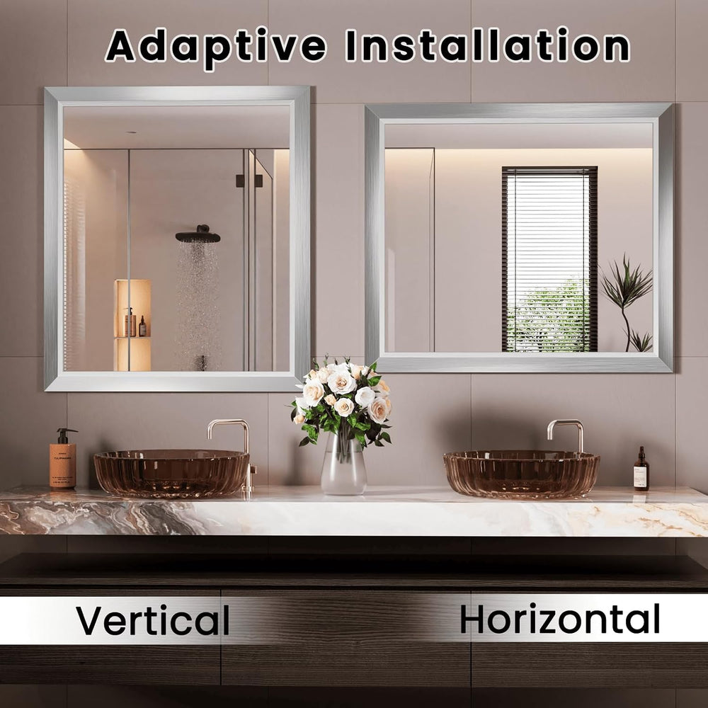 Amorho Bathroom Mirror for Wall 28x32 Inch, Brushed Silver Metal Framed