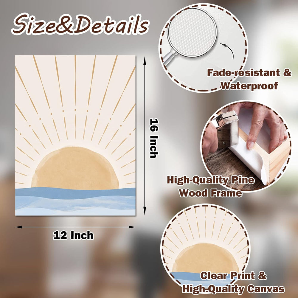 Boho Wall Art Set of 3, Neutral Geometric Sun Rising on the Sea Minimalist Ar...