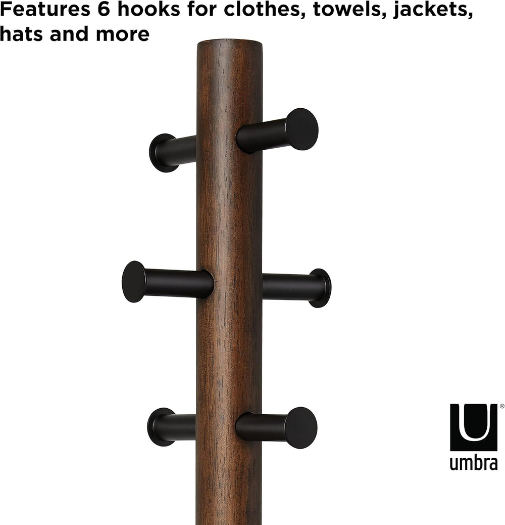Umbra Pillar Coat Rack with Stool, Freestanding 6 Hooks, Black/Walnut