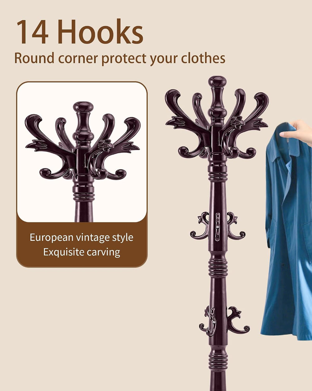 EZIVIEZ Coat Rack Vintage Solid Wood Coat Rack Freestanding with 14 Hooks