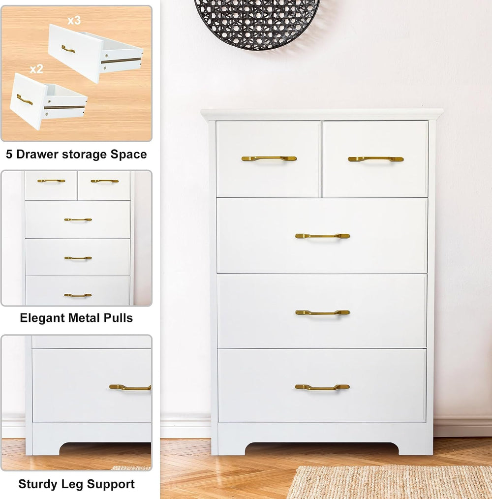NEDYO 5 Drawer Accent Cabinet, Modern Tall Chest, White