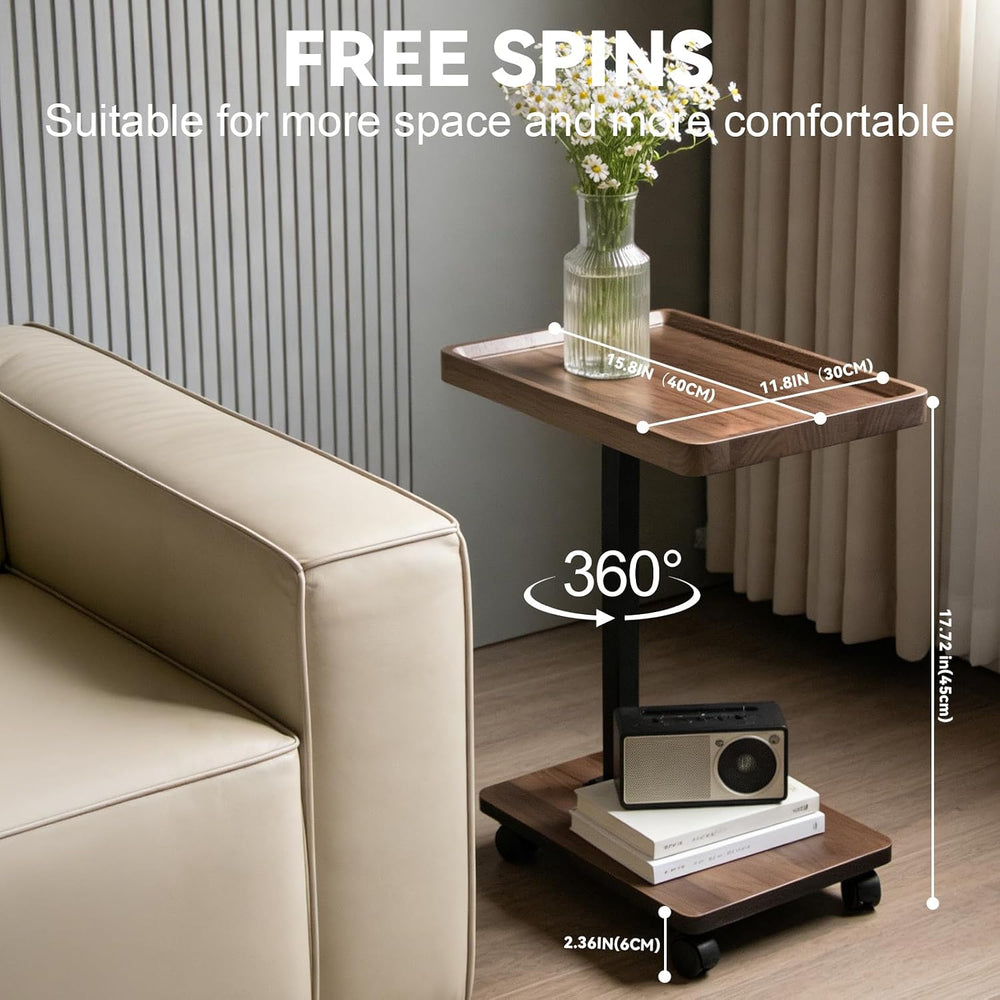 Small Rolling Side Table Adjustable Height, 360°Swivel C Table for Bed