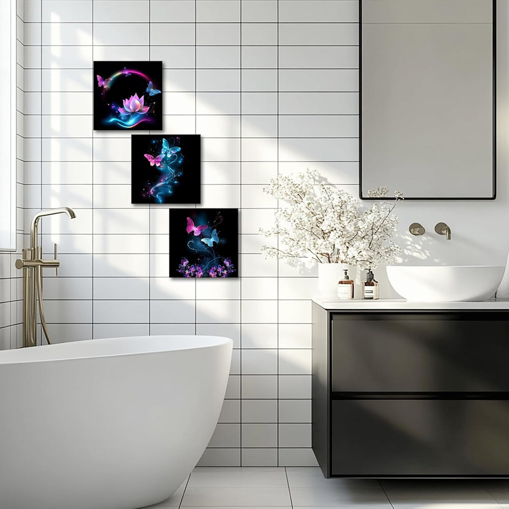 iKNOW FOTO Canvas Set of 3 Abstract Purple Butterfly Wall Art Flower Painting...