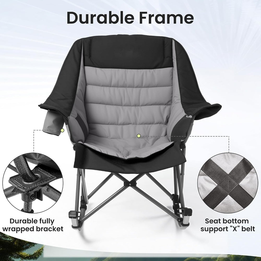 SUNW Oversized 400lbs Foldable Rocking Camping Chair with Cup Holder Side Poc...