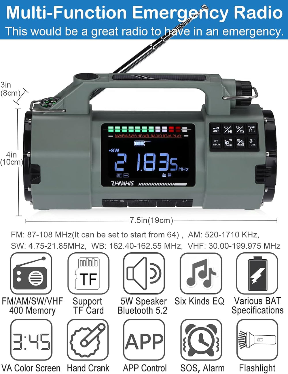 ZHIWHIS Emergency Radio with Bluetooth, Multi-Function Portable Radios with L...