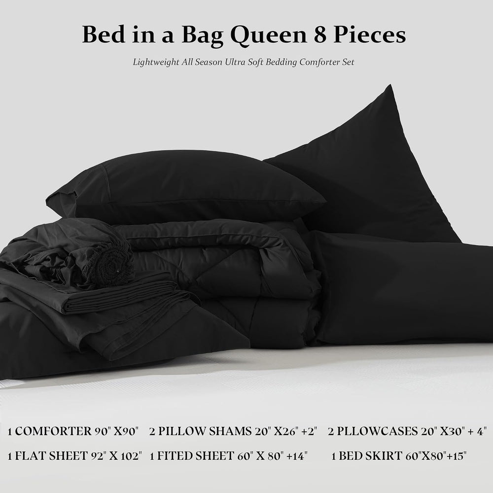 Newspin Queen Comforter Set 8 Pieces Bed in a Bag Soft Bedding Set Black