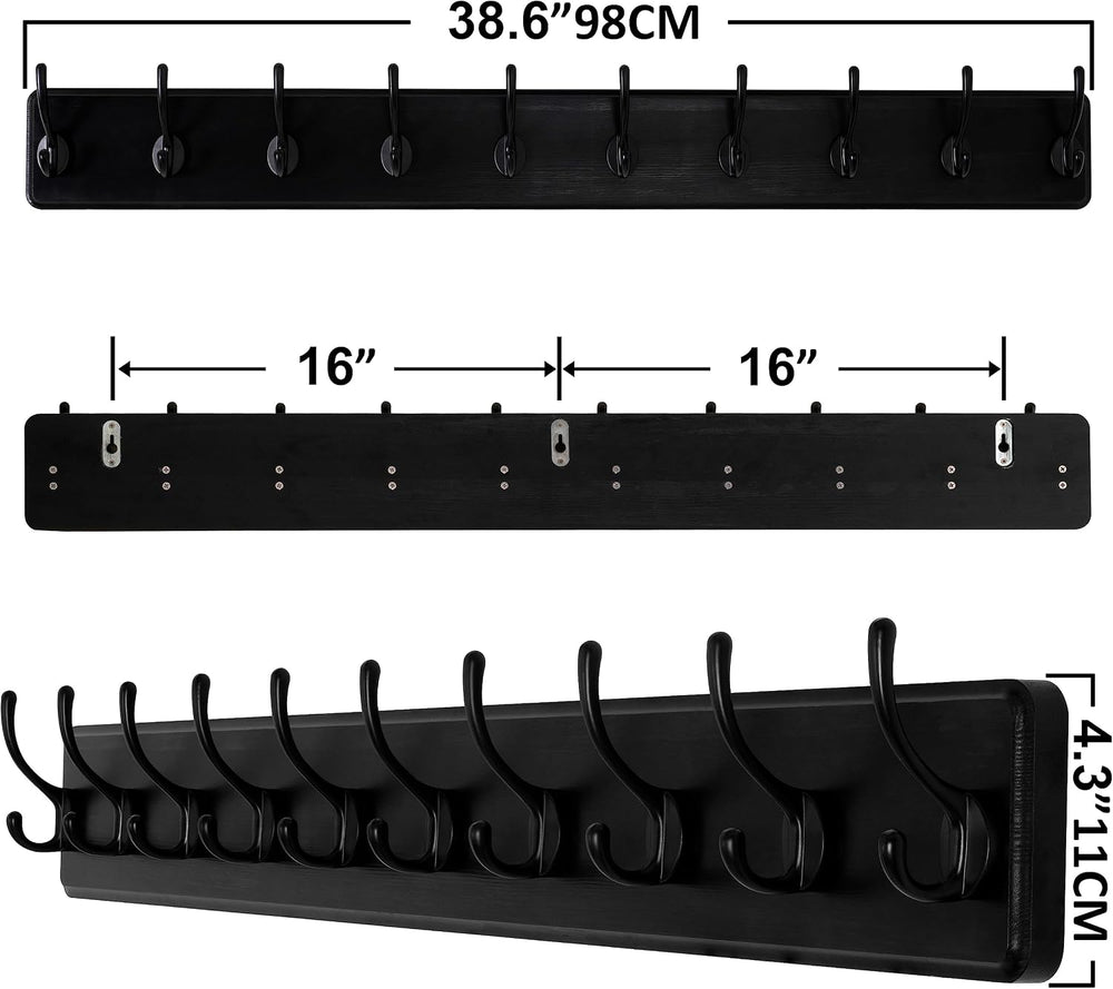 SKOLOO Rustic Wall Mounted Coat Rack, 10 Hooks, 38", Solid Wood, Black