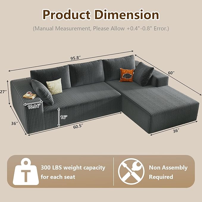 96" Modular Sectional Couch, L Shaped Cloud Sofa with Chaise Lounge, Corduroy Upholstered Couches Memory Foam Deep Seat, No Assembly Required, Ideal for Living Room(Dark Gray, Right Facing)