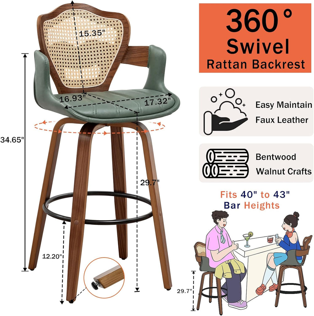WUPOTO Mid-Century Modern Swivel Bar Stools with Supportive Rattan Back &...