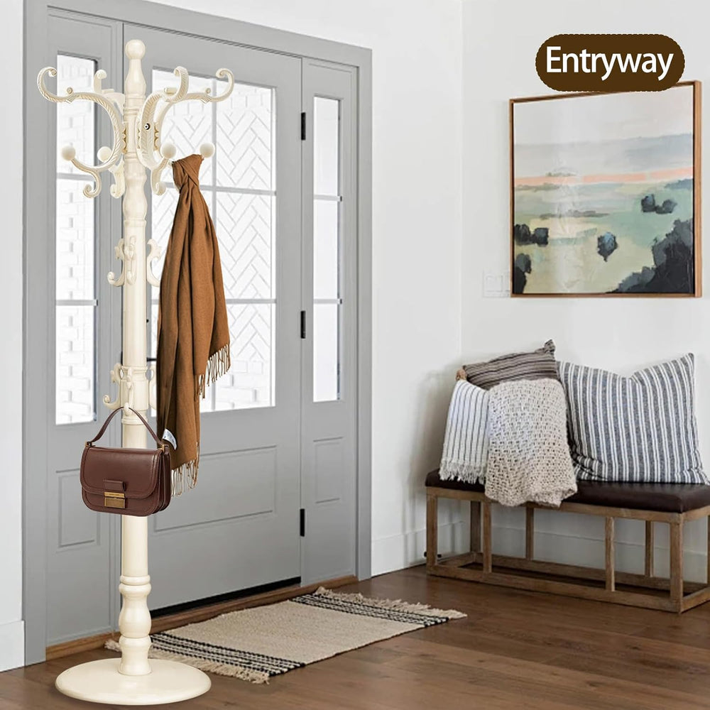 Coat Rack Freestanding, Wooden Coat Tree with Stable Round Base, Vintage Heav...