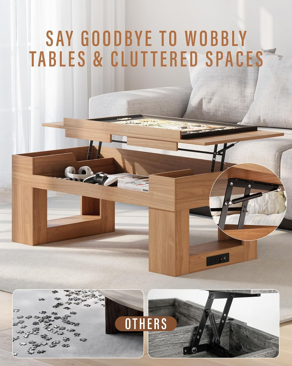 Lift Top Coffee Table with Puzzle Tray, Modern Wood Center Table with Hidden ...