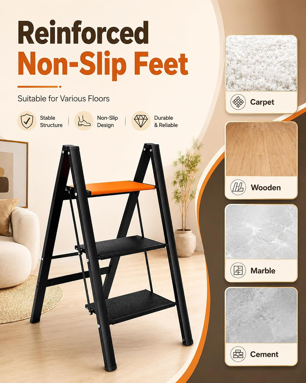 3 Step Ladder Lightweight Aluminum Folding Step Stool OrangeBlack