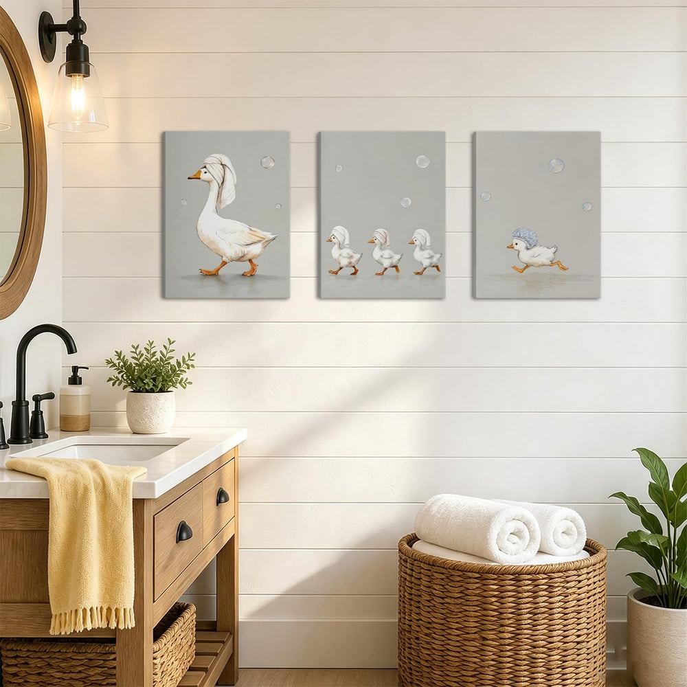 Funny Goose Bathroom Wall Art Set of 3, Cute Duck Bath Wall Decor Painting, W...
