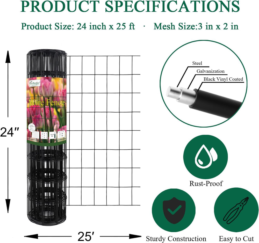 Black PVC Coated Welded Wire Fence 24" x 25' Roll, 2"x3" M...