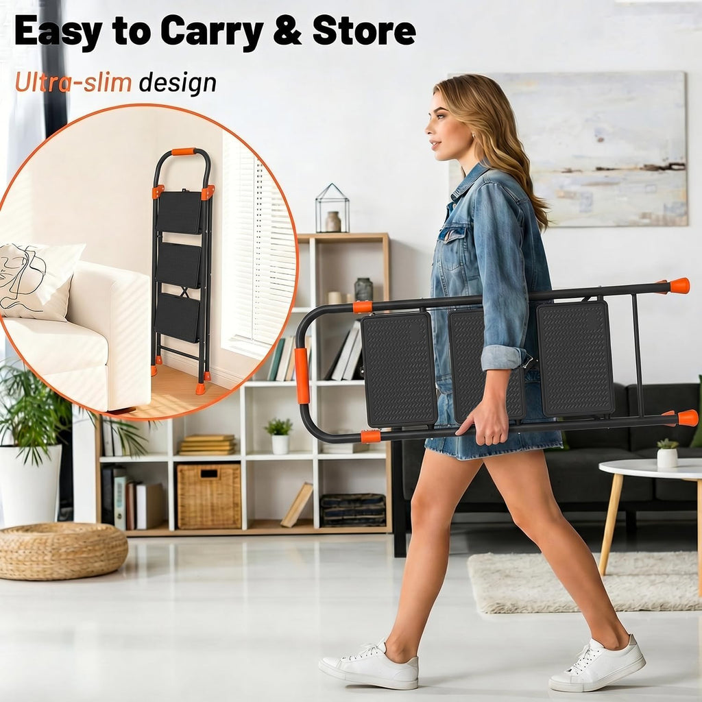 3 Step Ladder, 900 lbs Capacity Heavy Duty Step Stool with Safety Lock, Black Sturdy Step Ladder with Wide Anti-Slip Pedal, Folding Step Stool with Orange Cushioned Handle for Kitchen, Home & Garage