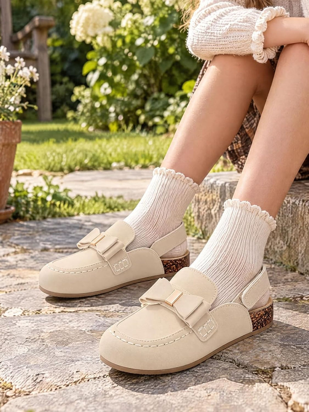 Coutgo Suede Clogs for Girls Bow Cork Footbed Comfortable Slip On Mules
