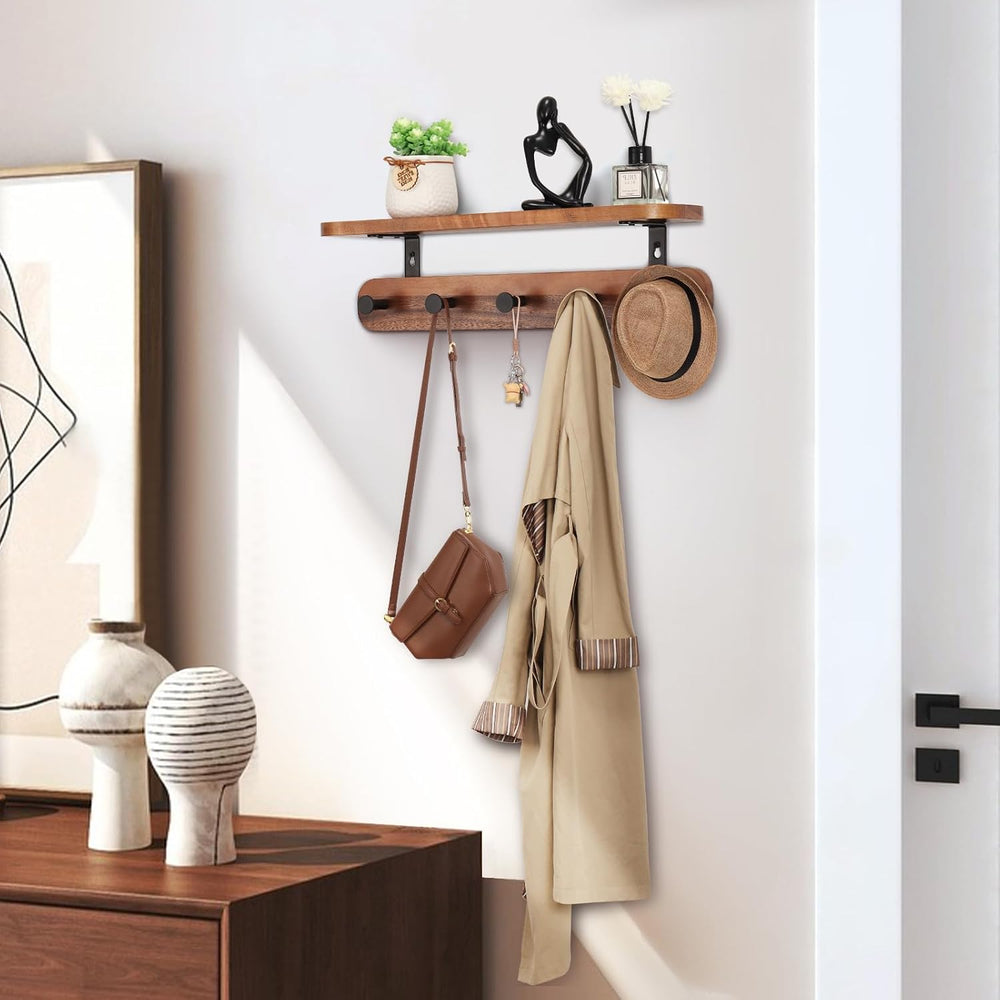 Coat Rack Wall Mount with Shelf, 17" Walnut Wood Wall Shelf with Hooks, ...
