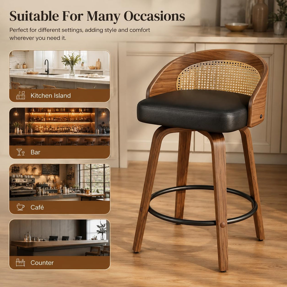 REONEY Swivel Bar Stools Set of 4, 26" Counter Height, Rattan Black