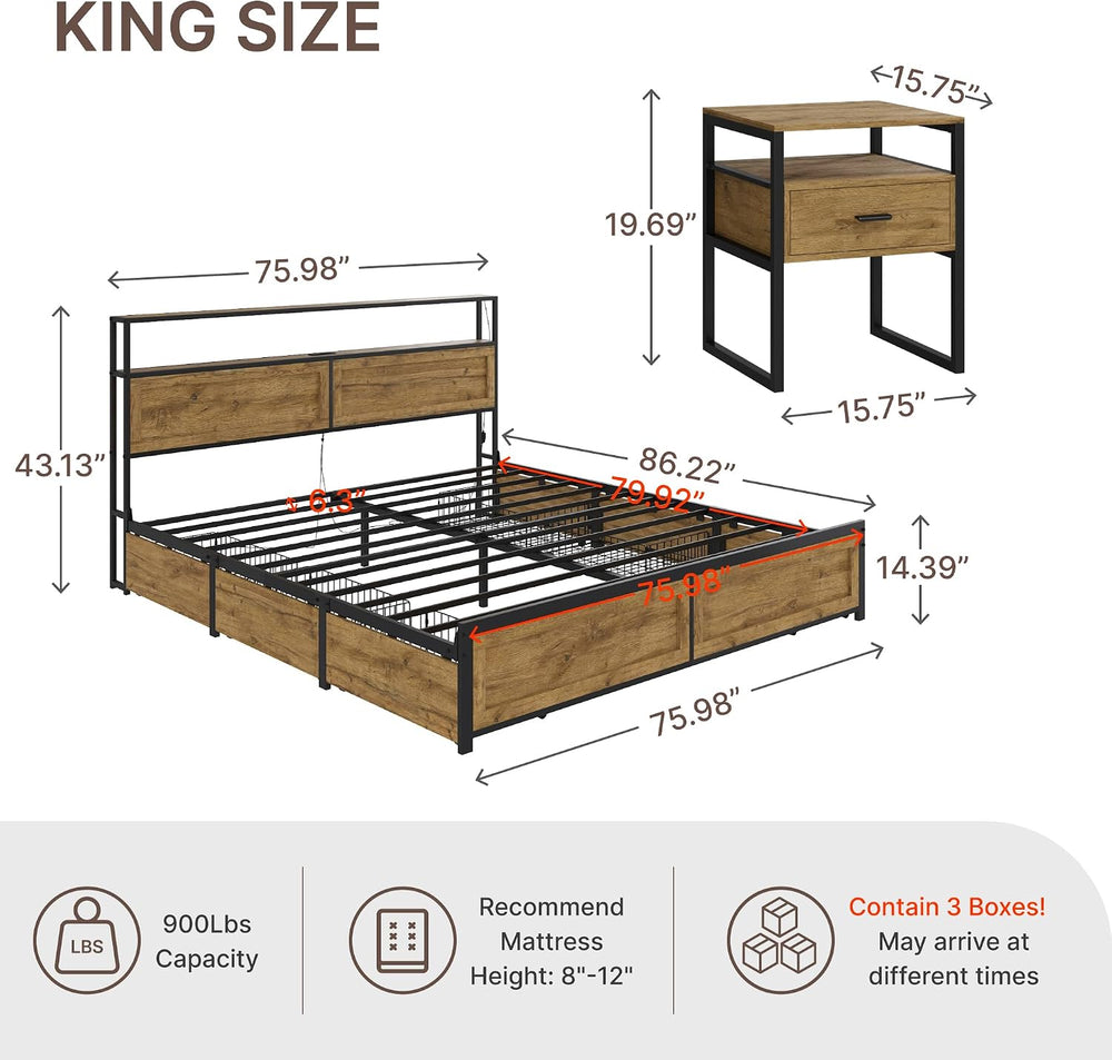 KISLOT 3PCS Bedroom Set with Storage, Industrial Bed Frame, Natural, King