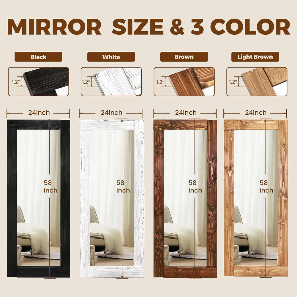 58x24in Full Length Mirror, Solid Wood Convex Frame, Brown