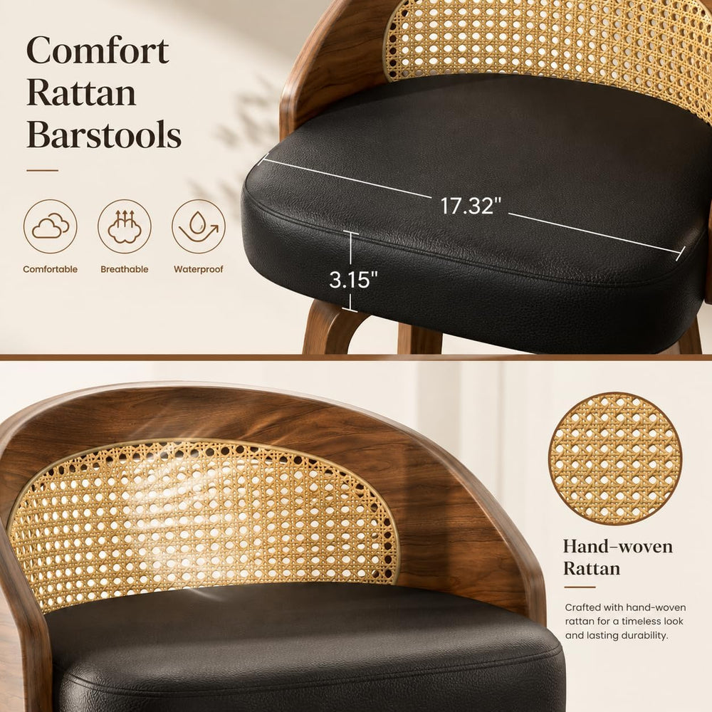 REONEY Swivel Bar Stools Set of 4, 26" Counter Height, Rattan Black