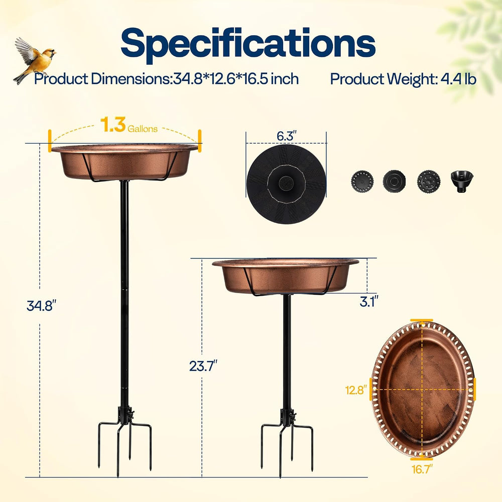 VIVOHOME Oval Bird Bath with Solar Fountain and Metal Ground Stake, Bronze
