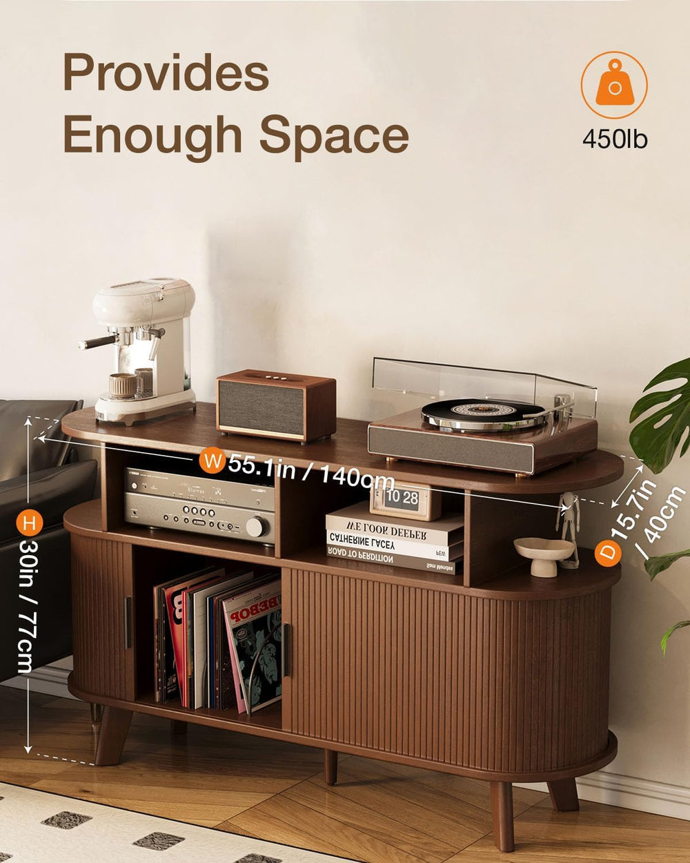 Large Record Player Stand with Sliding Doors, Fluted Media TV Stand