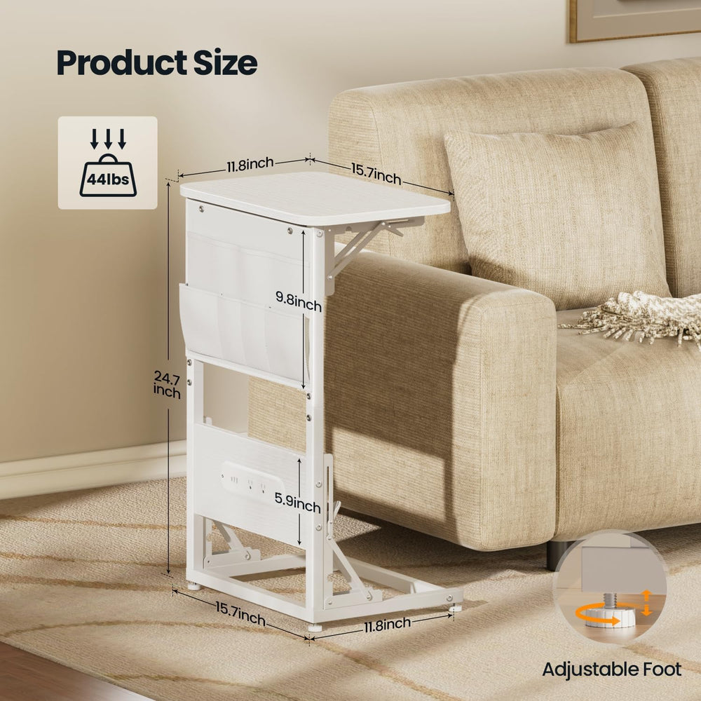 HLDIRECT C Shaped End Table with Charging Station & Storage Bag White