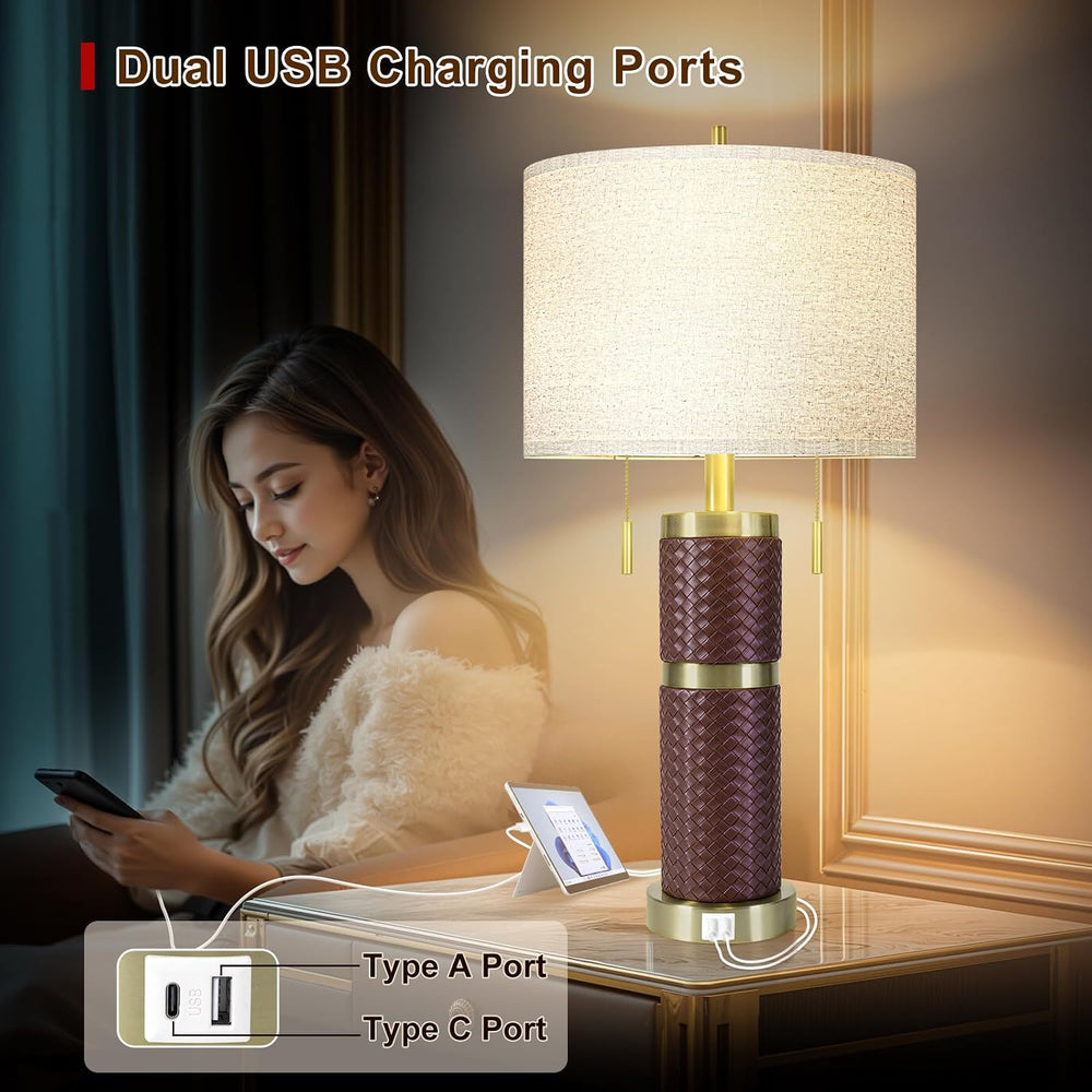 KIVDITZO 25" Woven Leather Table Lamps Set of 2 for Night Stand
