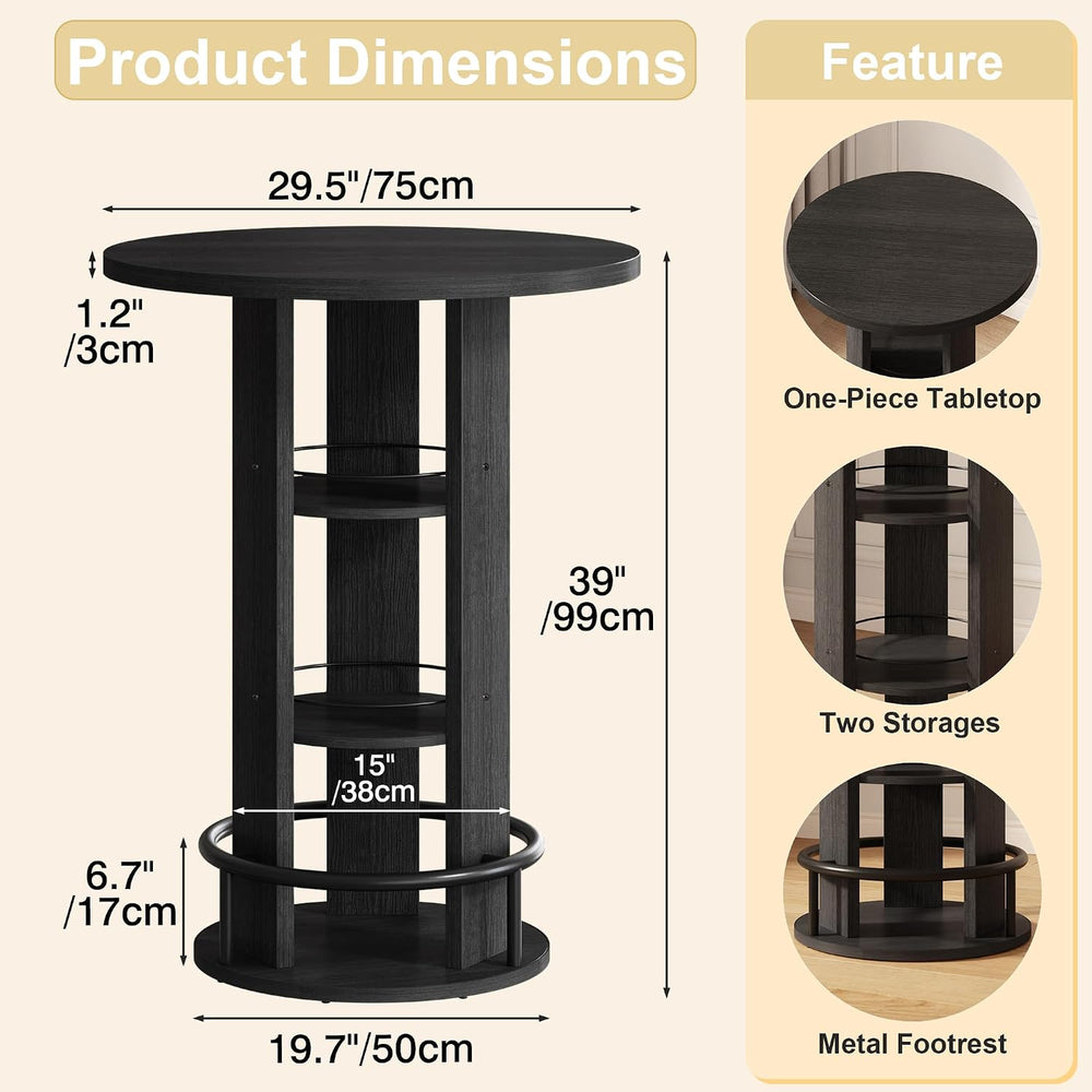 Bar Table with Storage and Footrest, Round 39" H Pub Table, Black