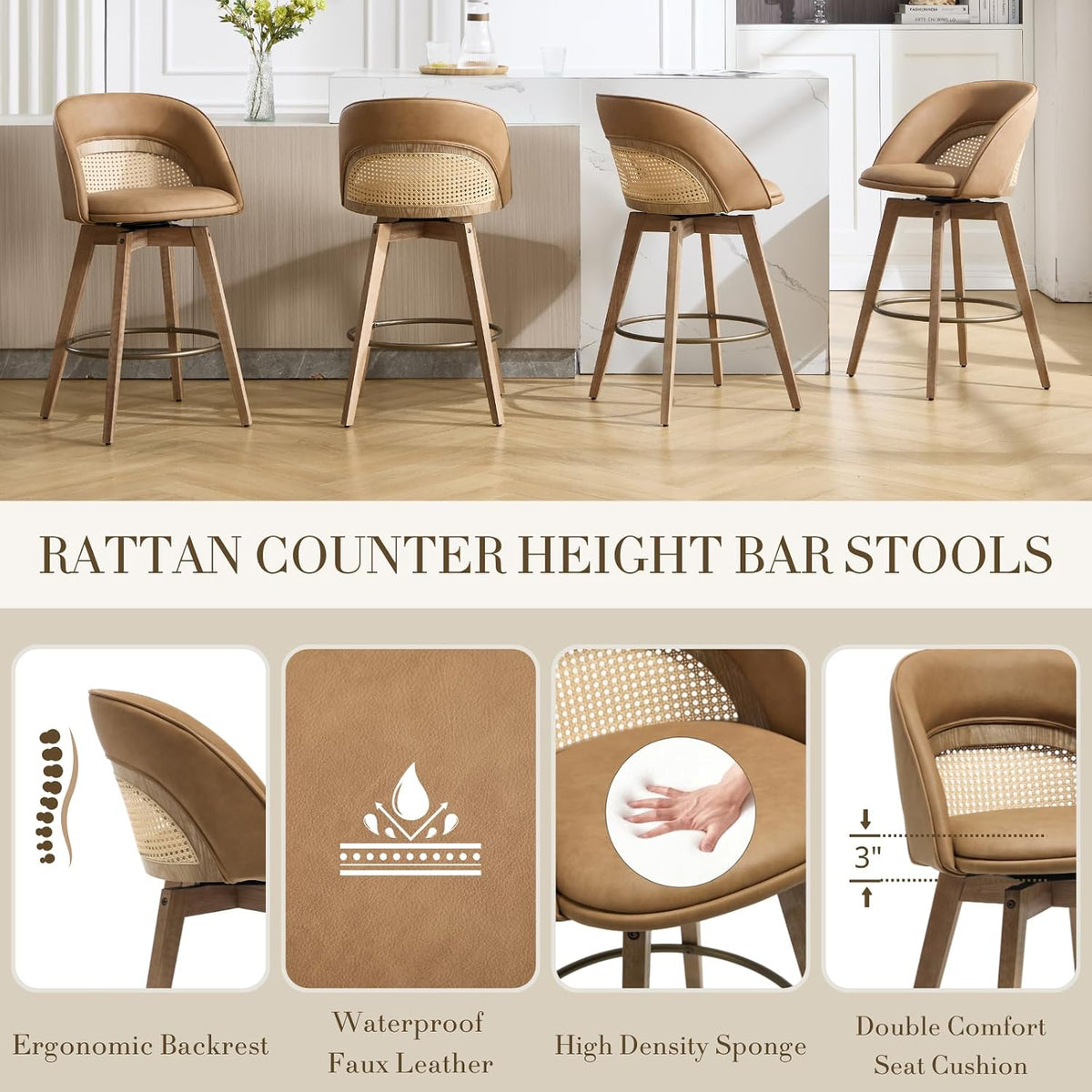 CIMOTA Swivel Counter Stools Set of 2, 26" Rattan Bar Stools, Brown