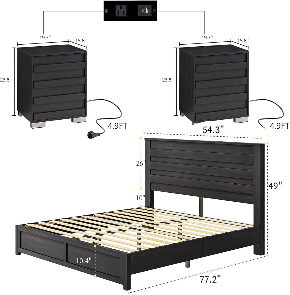 LUXOAK 3 Piece Slatted Bedroom Set Full Bed Frame & 2 Nightstands, Black