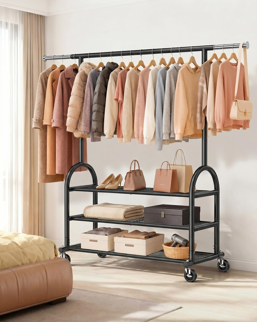 EAGMAK Rolling Clothes Rack Heavy Duty Clothing Racks with 3 Shelves, Black