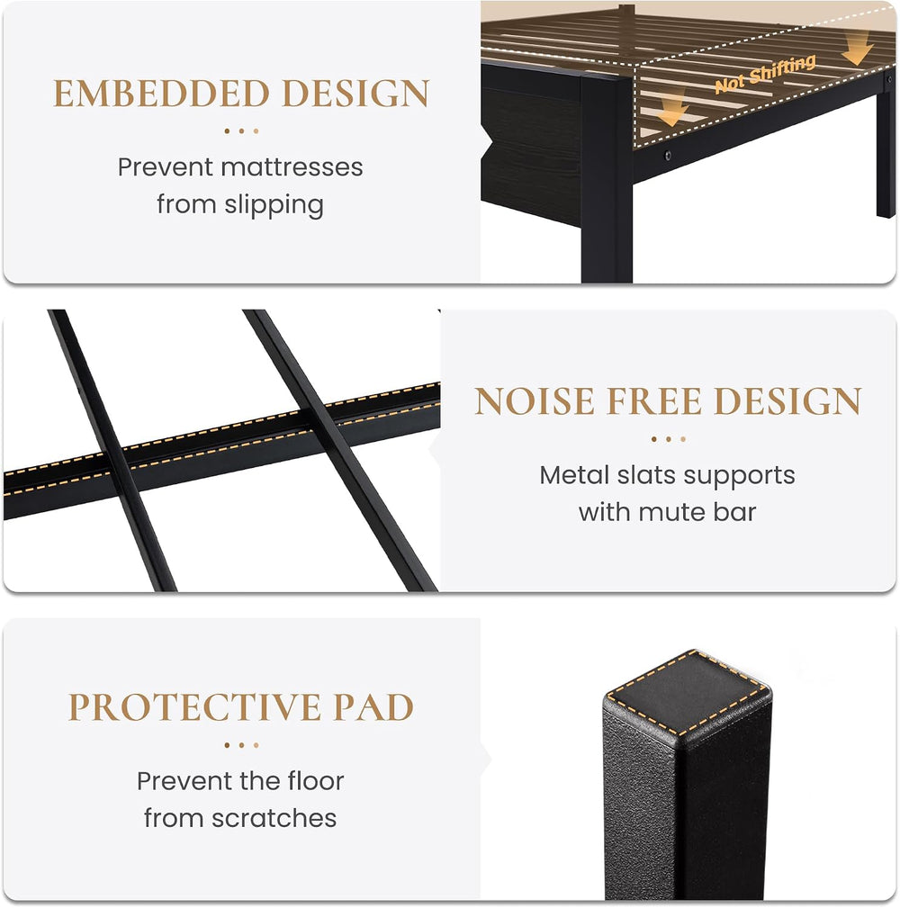 SHA CERLIN King Size Bed Frame, Led Light, Charging Station, Storage Shelf