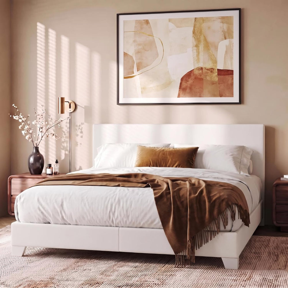 Allewie Full Size Upholstered Bed Frame Adjustable Headboard, White